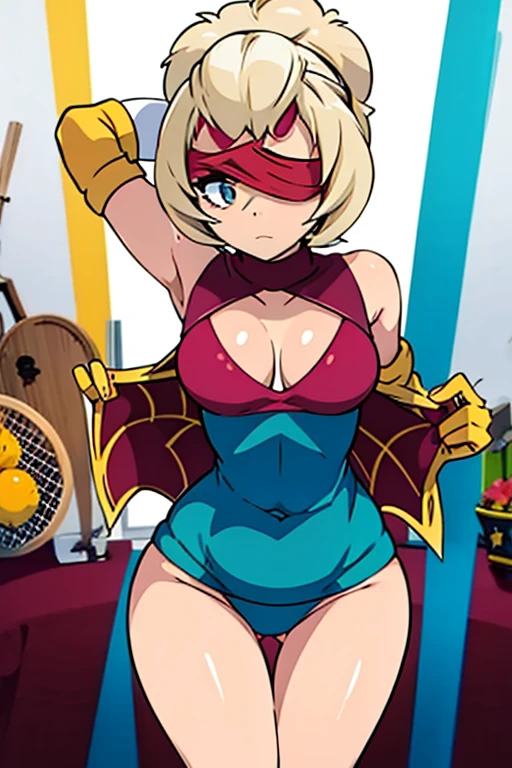 tennis girl in tight mini virgin killer sweater, female legs with underwear pulled down at the height of the knees, wearing oven mittens behind head, blindfold