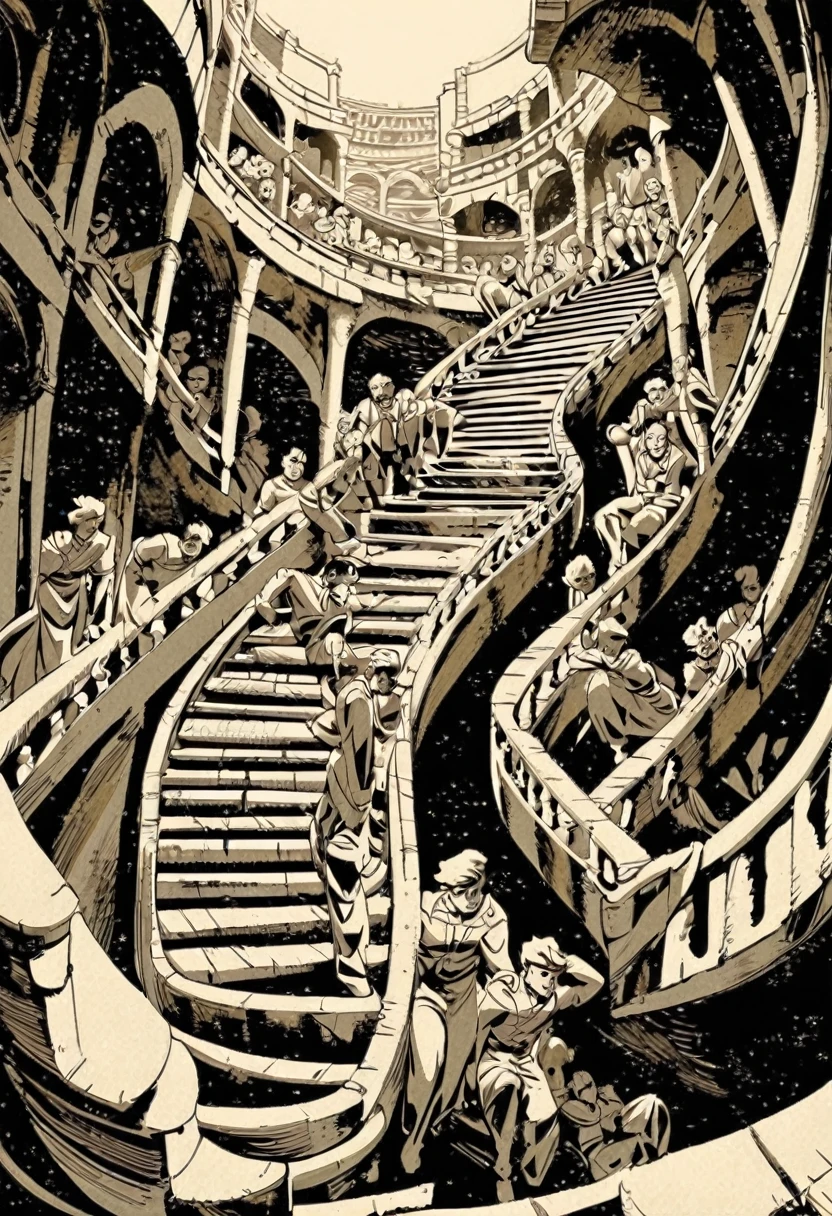 Hovering Staircases,vntg artstyle,black and white,infinite Staircases, multiple man on them, laying,sitting, standing,