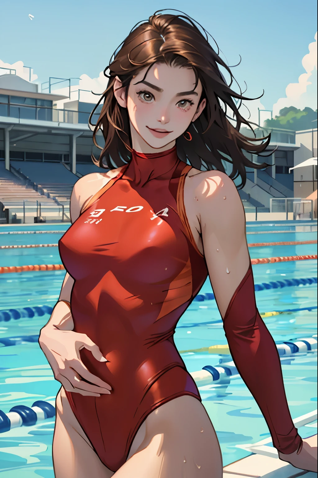 masterpiece、Highest quality、High resolution、Two realistic girls、Competitive swimmer、Close-up of a person、Wearing a red bodysuit、During Competitive swimmerics competitions、smile、Swimming Venues、sexy competition swimwear
