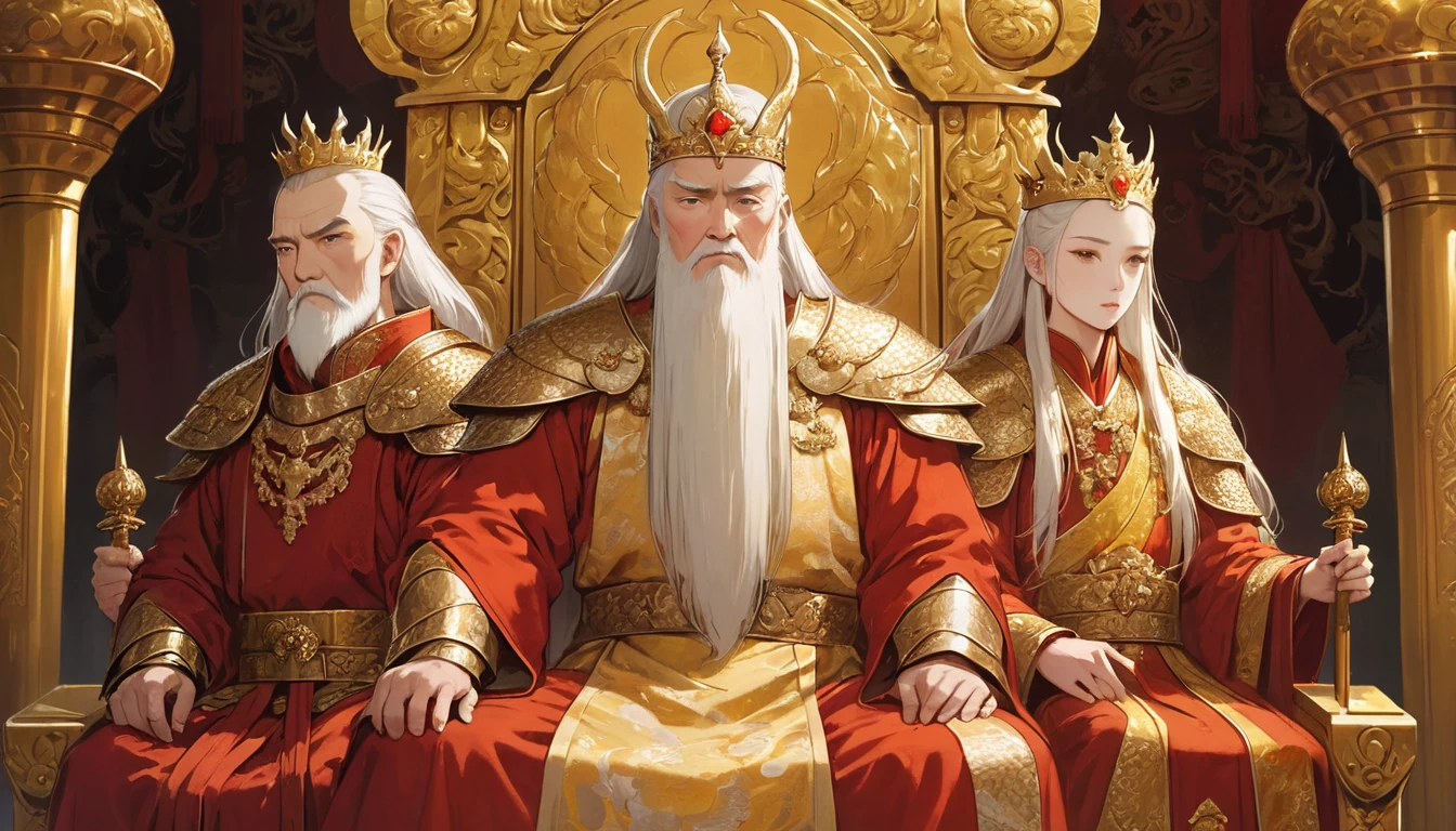 Two people, (an old emperor named John, tall, square face, long silver hair, wearing a golden crown, thick eyebrows, long white beard, pale complexion, wearing gorgeous golden robes, embroidered with dragon patterns), (another A young general named John Ken, with a burly build, long face, short blond hair, thick eyebrows, short beard, healthy bronze color, wearing red armor with a sun symbol and a golden sword at his waist), John Sitting majestically on the shining golden throne, Ken stood in front of the throne, and there was an atmosphere of respect and loyalty between the two.