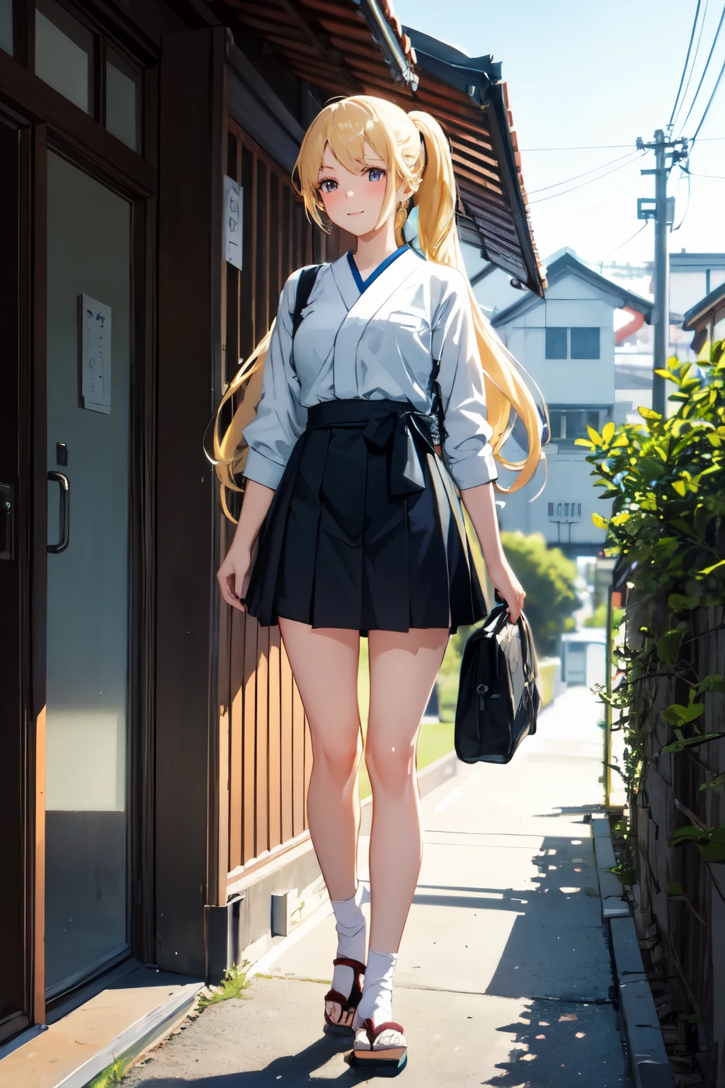 ((best quality)), ((masterpiece)), (detailed), 1girl, ((best quality)), ((masterpiece)), (detailed), A cheerful anime girl with long, flowing blonde hair styled in a ponytail is walking home from school. She wears a typical Japanese summer high school.