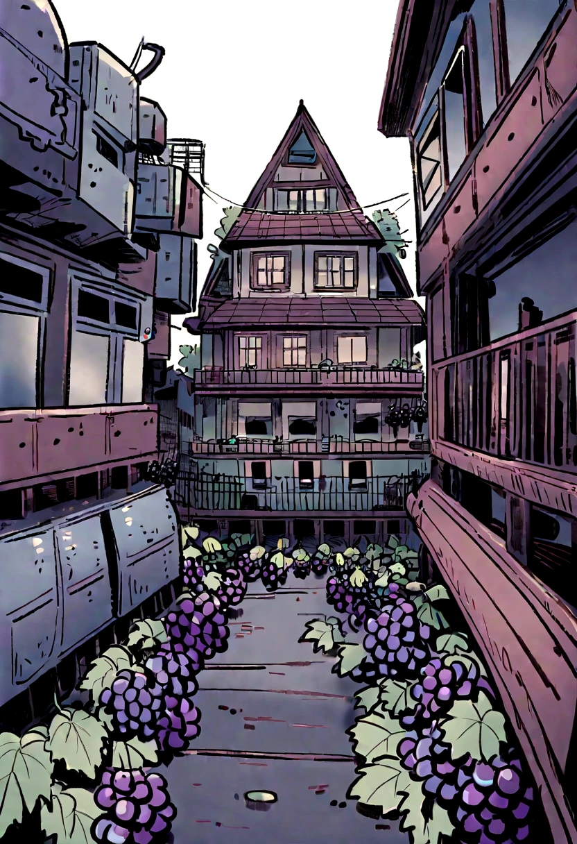 Three-story robot house,The house is movable,There are a lot of mechanical equipment outside。The first layer is transparent,A lot of grapes are grown inside,Robotic grape harvesting。There are many conveyor belts on the second floor,Robot packing grapes on a conveyor belt。The third floor is a shop,Packaged grapes for sale。Cartoon kid style,Marking strokes、Stick drawing style