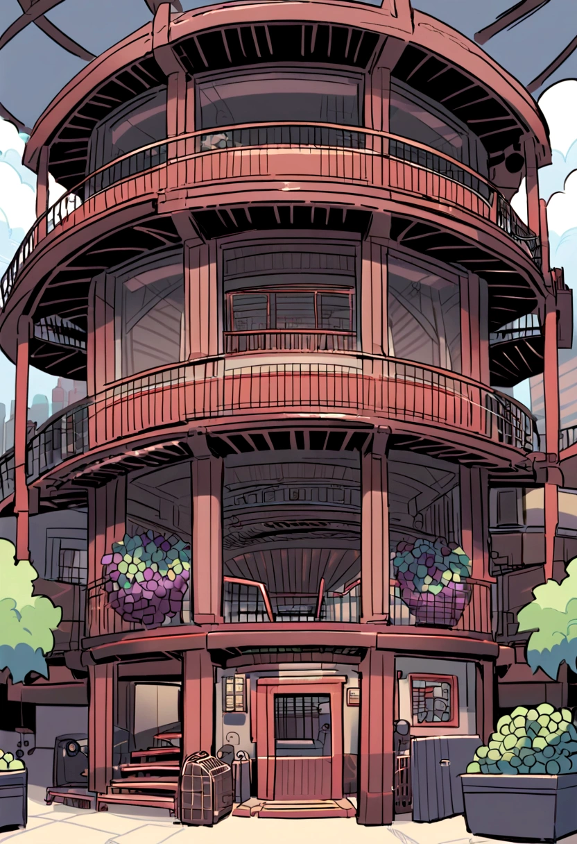 Three-story robot house,The house is movable,There are a lot of mechanical equipment outside。The first layer is transparent,A lot of grapes are grown inside,Robotic grape harvesting。There are many conveyor belts on the second floor,Robot packing grapes on a conveyor belt。The third floor is a shop,Packaged grapes for sale。Cartoon kid style,Marking strokes、Stick drawing style