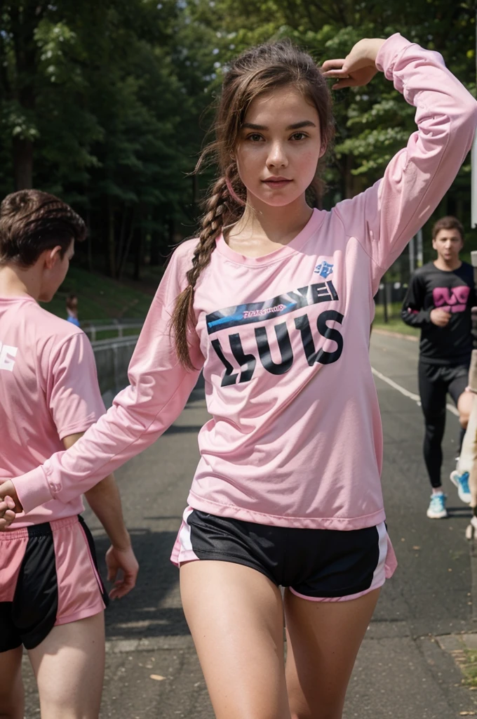 teenage girl, running race, dressed in pink sportswear, and her shirt says I love you, with boys, and other participants