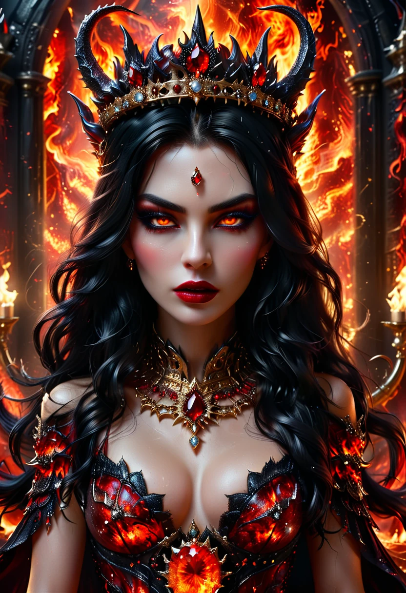 Arafed a dark glamour picture of the queen of demons in the halls of hell, full body shot, a demons queen magnificent and full of awe, black hair, long hair, flowing hair, bold intense eyes, extremely exquisite beautiful queen, perfect body, (anatomically correct: 1.3), ultra feminine, ultra detailed face, black lips, fiery glowing eyes, (demonic horns from head: 1.1) , (red skin: 1.3), dynamic angle, there is (golden crown on her head: 1.1), studded with diamonds and rubies, the hall of the queen of hell background, (masterpiece: 1.4) intense details, highly detailed, photorealistic, best quality, highres,16k, [ultra detailed], masterpiece, best quality, (extremely detailed), close up, ultra wide shot, photorealistic, RAW, fantasy art, dnd art, fantasy art, realistic art,((best quality)), ((masterpiece)), (detailed: 1.5) faize, intense gaze, ral-ntrgmstn