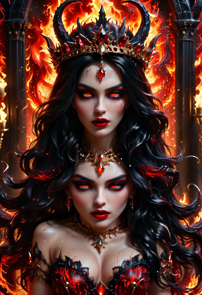 Arafed a dark glamour picture of the queen of demons in the halls of hell, full body shot, a demons queen magnificent and full of awe, black hair, long hair, flowing hair, bold intense eyes, extremely exquisite beautiful queen, perfect body, (anatomically correct: 1.3), ultra feminine, ultra detailed face, black lips, fiery glowing eyes, (demonic horns from head: 1.1) , (red skin: 1.3), dynamic angle, there is (golden crown on her head: 1.1), studded with diamonds and rubies, the hall of the queen of hell background, (masterpiece: 1.4) intense details, highly detailed, photorealistic, best quality, highres,16k, [ultra detailed], masterpiece, best quality, (extremely detailed), close up, ultra wide shot, photorealistic, RAW, fantasy art, dnd art, fantasy art, realistic art,((best quality)), ((masterpiece)), (detailed: 1.5) faize, intense gaze, ral-ntrgmstn