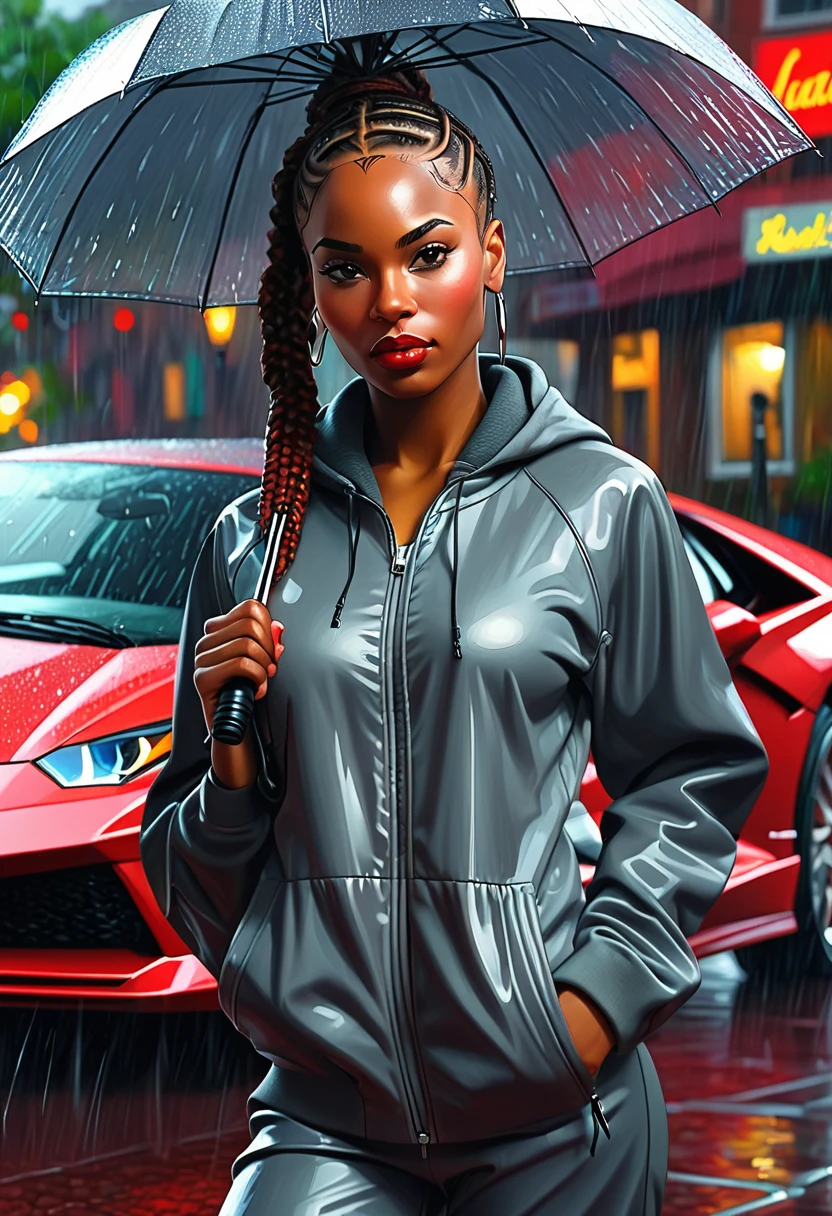 Prompt: a title displaying "DiGi ARTS". a realistic oil painting of an African American woman with braided hair; wearing a jogging suit. holding a umbrella; in the rain. a red Lamborghini. city night background