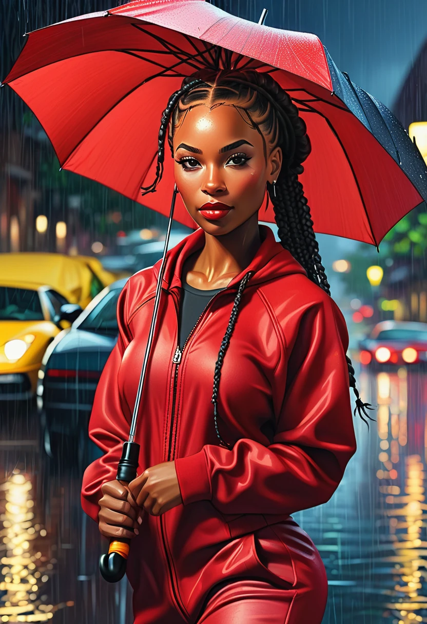 Prompt: a title displaying "DiGi ARTS". a realistic oil painting of an African American woman with braided hair; wearing a jogging suit. holding a umbrella; in the rain. a red Lamborghini. city night background