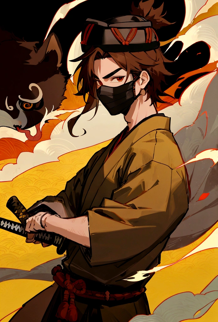 Male samurai, wears a woven mask, has leaves on his hat, has brown hair, is half tanuki, has a samurai sword.