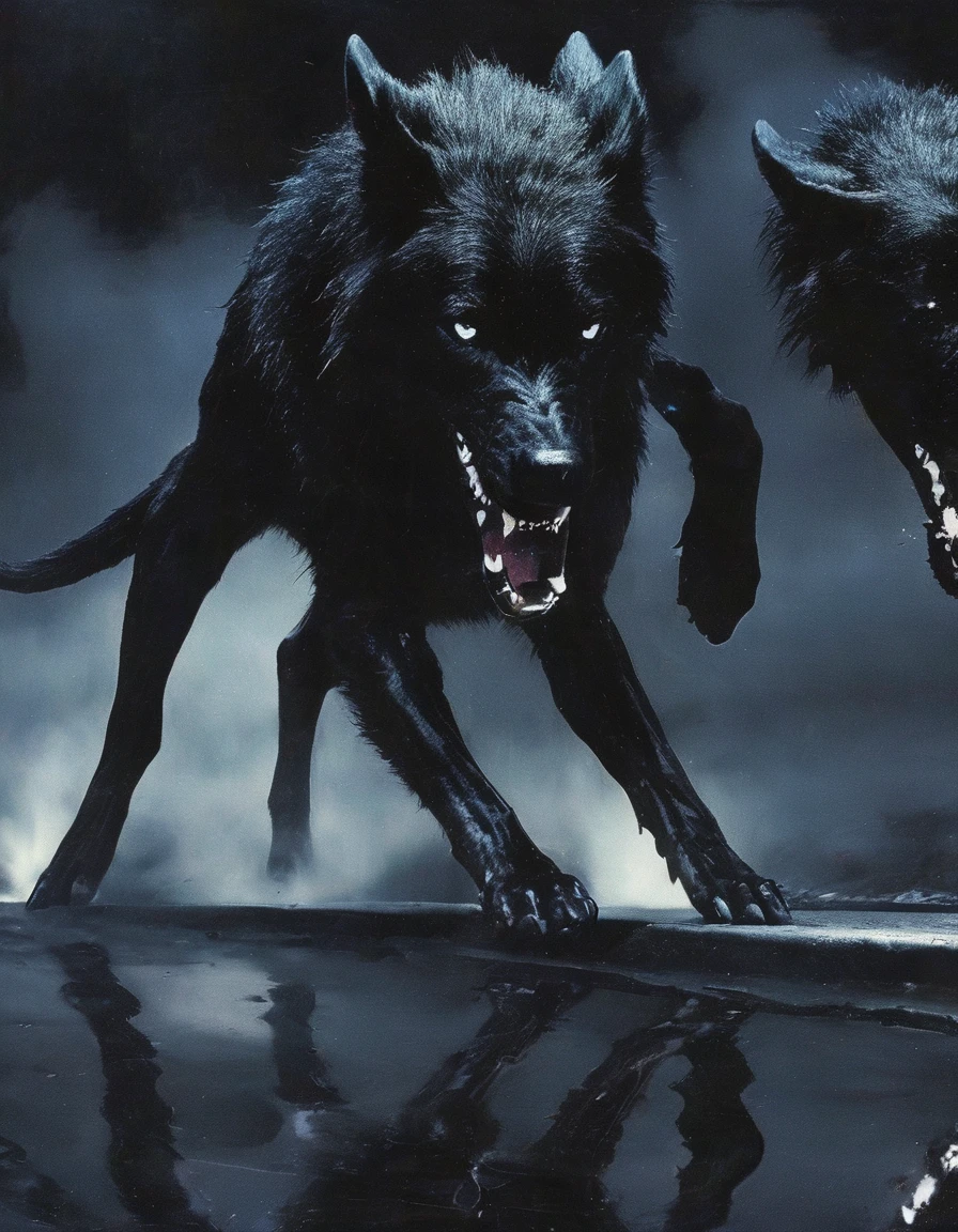 black wolves with wings flying in new york street at night, night city background