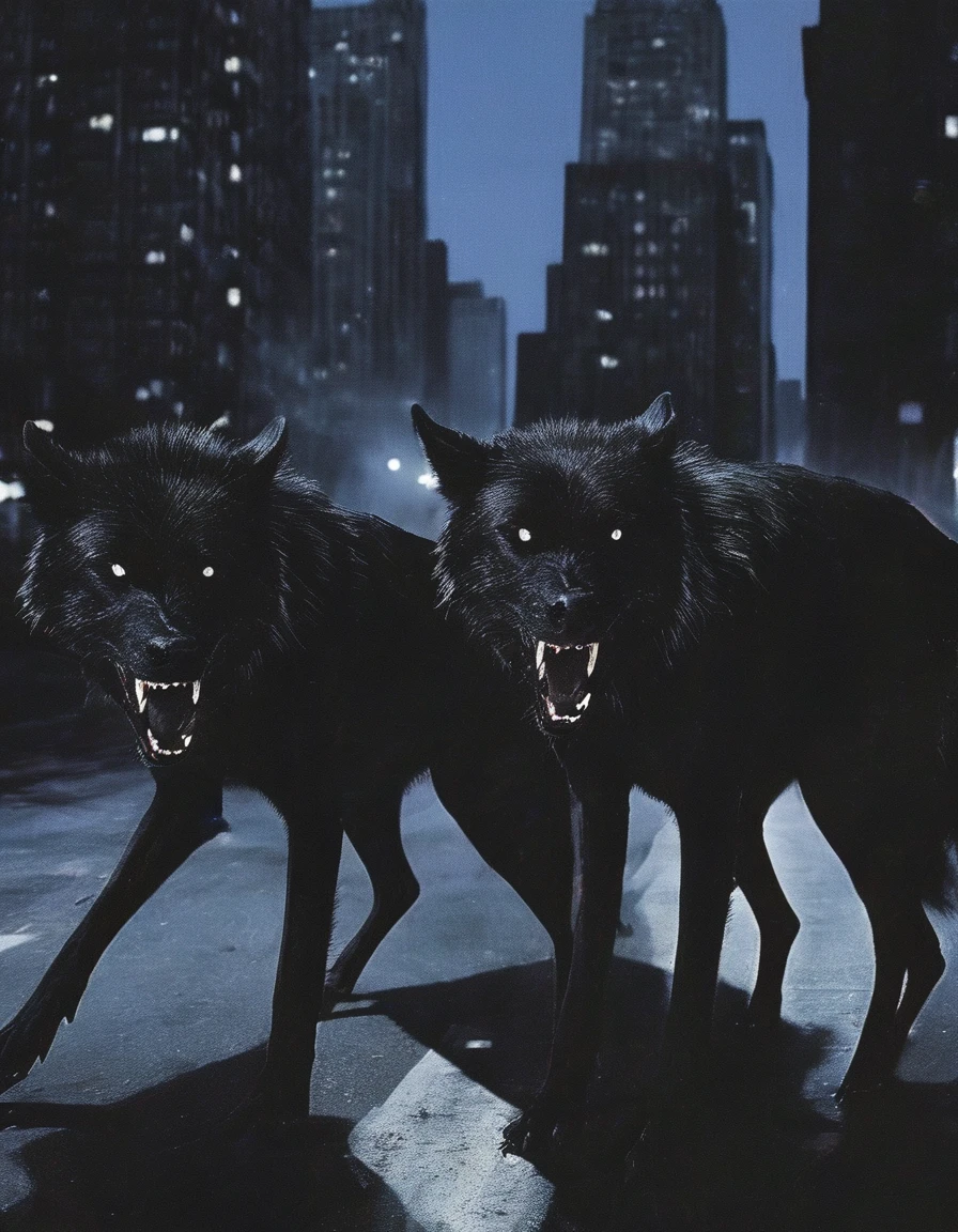 black wolves with wings flying in new york street at night, night city background