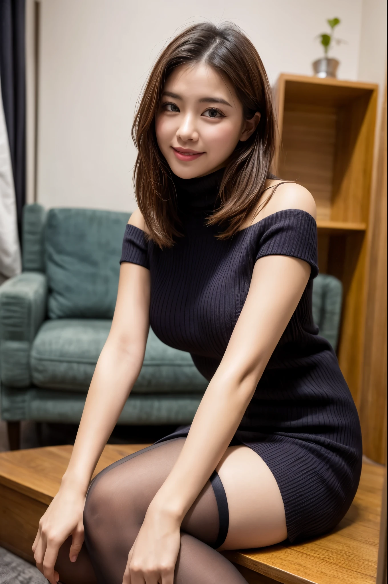 (((masterpiece))), (((Highest quality: 1.4))), ((Very detailed: 1.4)) , ulzzang-6500-v1.1, (RAW Photos:1.2), (Photorealistic), (Genuine:1.4), Sharp focus、Shot from the side、Off the shoulder、Realistic female college student wearing a cashmere knit dress、Ultra-realistic pantyhose:1.3、short hair、Teasing Smile、Very seductive pose, Sexy pose, Bare thighs!!! pumps