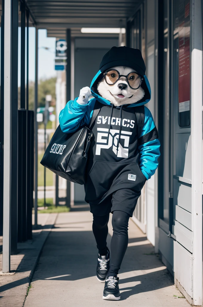 Optics mascot with bags in hand 