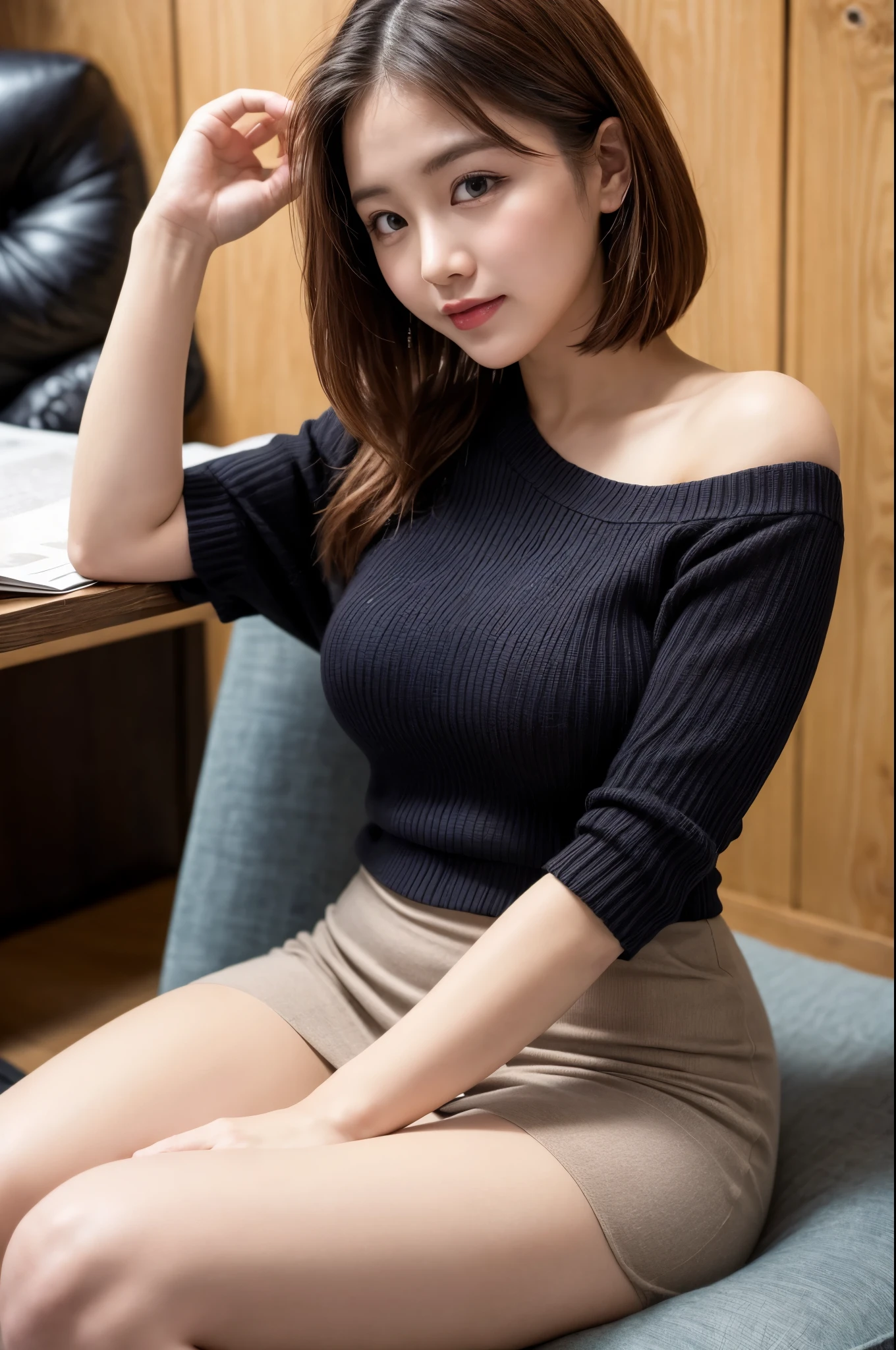 (((masterpiece))), (((Highest quality: 1.4))), ((Very detailed: 1.4)) , ulzzang-6500-v1.1, (RAW Photos:1.2), (Photorealistic), (Genuine:1.4), Sharp focus、Shot from the side、Off the shoulder、Realistic female college student wearing a cashmere knit dress、Ultra-realistic pantyhose:1.3、short hair、Teasing Smile、Very seductive pose, Sexy pose, Bare thighs!!! pumps