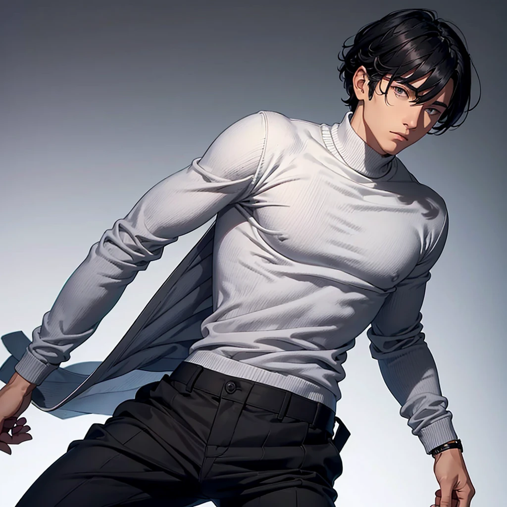 Young man, manwha style, short wavy black hair, gray eyes, wearing a white turtleneck sweater. The sweater has a ribbed fabric and fits perfectly to the torso. The high neck folds over itself and adds texture to the outfit. Additionally, he wears black pants with a relaxed fit and pleats in the front. The pants have a visible button closure and, depending on the position of your hands, may have side pockets. One of his hands is inside a pocket, pushing lightly on the fabric to create more space. You can also see an accessory: a silver bracelet on the wrist, in the foreground.