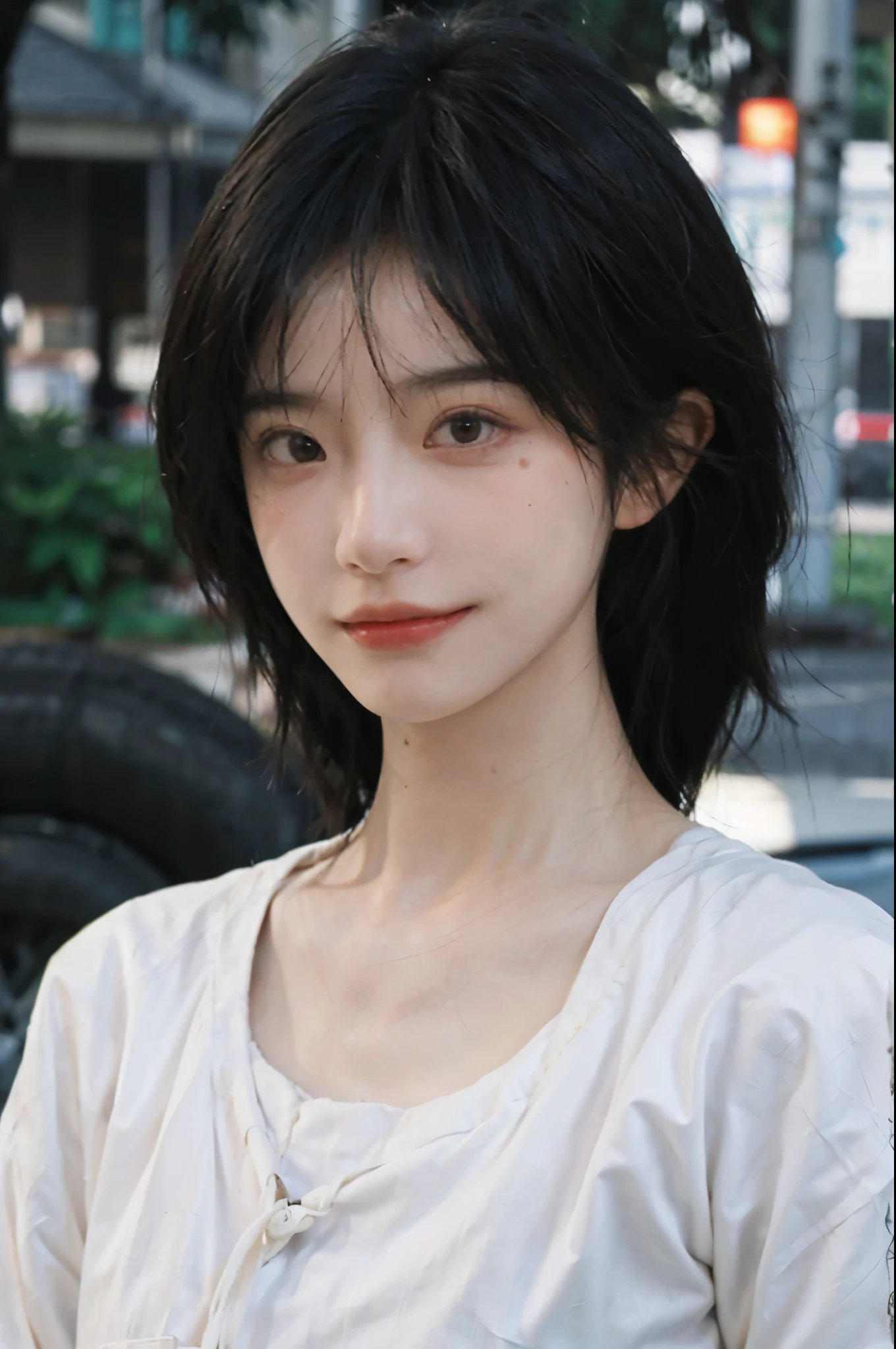 (Skin details:1.4), (smooth skin textures:1.3), Lipstick, background, earrings, serene, calm, dress，(Realistic and detailed eyes：1.2）, Natural skin texture, Realistic facial details, Soft dramatic lighting, Vivid details, 35 mm film, outdoor, (Photo Practical:1.4), (hyper Practical:1.4), (Practical:1.3), (Smoother lighting:1.05), (Improve lighting quality:0.9), (Highest quality real skin textures:1.4), Exquisite eyes, Delicate face, Close-up of face, (Enhance the beauty of skin texture:1.1), Hair details,（Large Breasts：1.3）normal body ratio, short hair, Moles under the eyes, A faint smile,Portrait Photography, Depth of Field, Bokeh, Surrealism, Ray Tracing, (Portrait Photography:1.1), Surrealism, High Detail, Chiaroscuro, Ray Tracing, reflected light, Ultra HD, Ultra HD, masterpiece, Textured Skin, Super Detail, High Detail, high quality, best quality