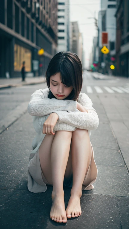 Highest image quality、Masterpiece level、Ultra-high sharpness、Fidelity 1.4，photoshoot，A girl appears[（grieves）]，20 years old，In a white blouse shirt，The scene is dim、darkly，Present despair、pitying、Feeling of pity，sad，weeping，Squat on the ground。Like a movie，With tears，There are tears on the face。There are tears on the clothes（Weight 1.5），drenched clothes（Weight 1.4）and bare shoulders。It's really raining，The hair is soaked。