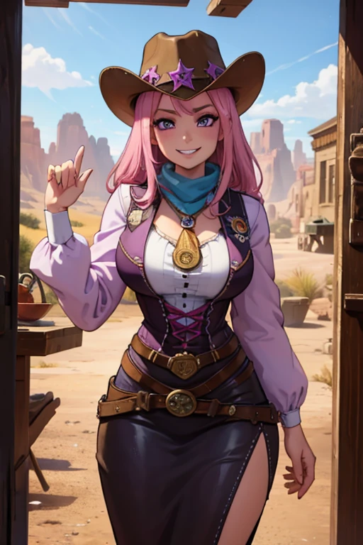 A pink haired female cowgirl with violet eyes with an hourglass figure in a conservative cowgirl outfit is smiling in a sherriff's office in the wild west