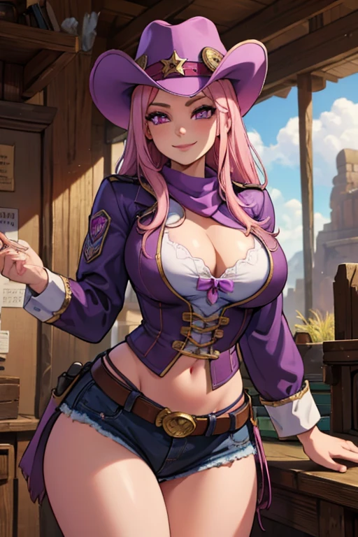 A pink haired female cowgirl with violet eyes with an hourglass figure in a conservative cowgirl outfit is smiling in a sherriff's office in the wild west