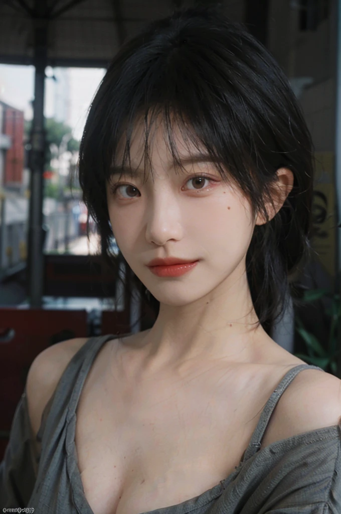 (Skin details:1.4), (smooth skin textures:1.3), Lipstick, background, earrings, serene, calm, dress，(Realistic and detailed eyes：1.2）, Natural skin texture, Realistic facial details, Soft dramatic lighting, Vivid details, 35 mm film, outdoor, (Photo Practical:1.4), (hyper Practical:1.4), (Practical:1.3), (Smoother lighting:1.05), (Improve lighting quality:0.9), (Highest quality real skin textures:1.4), Exquisite eyes, Delicate face, Close-up of face, (Enhance the beauty of skin texture:1.1), Hair details,（Large Breasts：1.3）normal body ratio, short hair, Moles under the eyes, A faint smile,Portrait Photography, Depth of Field, Bokeh, Surrealism, Ray Tracing, (Portrait Photography:1.1), Surrealism, High Detail, Chiaroscuro, Ray Tracing, reflected light, Ultra HD, Ultra HD, masterpiece, Textured Skin, Super Detail, High Detail, high quality, best quality