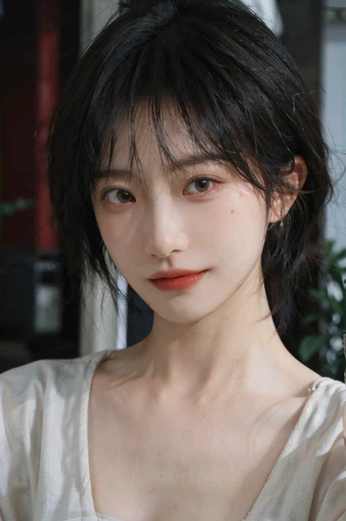 (Skin details:1.4), (smooth skin textures:1.3), Lipstick, background, earrings, serene, calm, dress，(Realistic and detailed eyes：1.2）, Natural skin texture, Realistic facial details, Soft dramatic lighting, Vivid details, 35 mm film, outdoor, (Photo Practical:1.4), (hyper Practical:1.4), (Practical:1.3), (Smoother lighting:1.05), (Improve lighting quality:0.9), (Highest quality real skin textures:1.4), Exquisite eyes, Delicate face, Close-up of face, (Enhance the beauty of skin texture:1.1), Hair details,（Large Breasts：1.3）normal body ratio, short hair, Moles under the eyes, A faint smile,Portrait Photography, Depth of Field, Bokeh, Surrealism, Ray Tracing, (Portrait Photography:1.1), Surrealism, High Detail, Chiaroscuro, Ray Tracing, reflected light, Ultra HD, Ultra HD, masterpiece, Textured Skin, Super Detail, High Detail, high quality, best quality