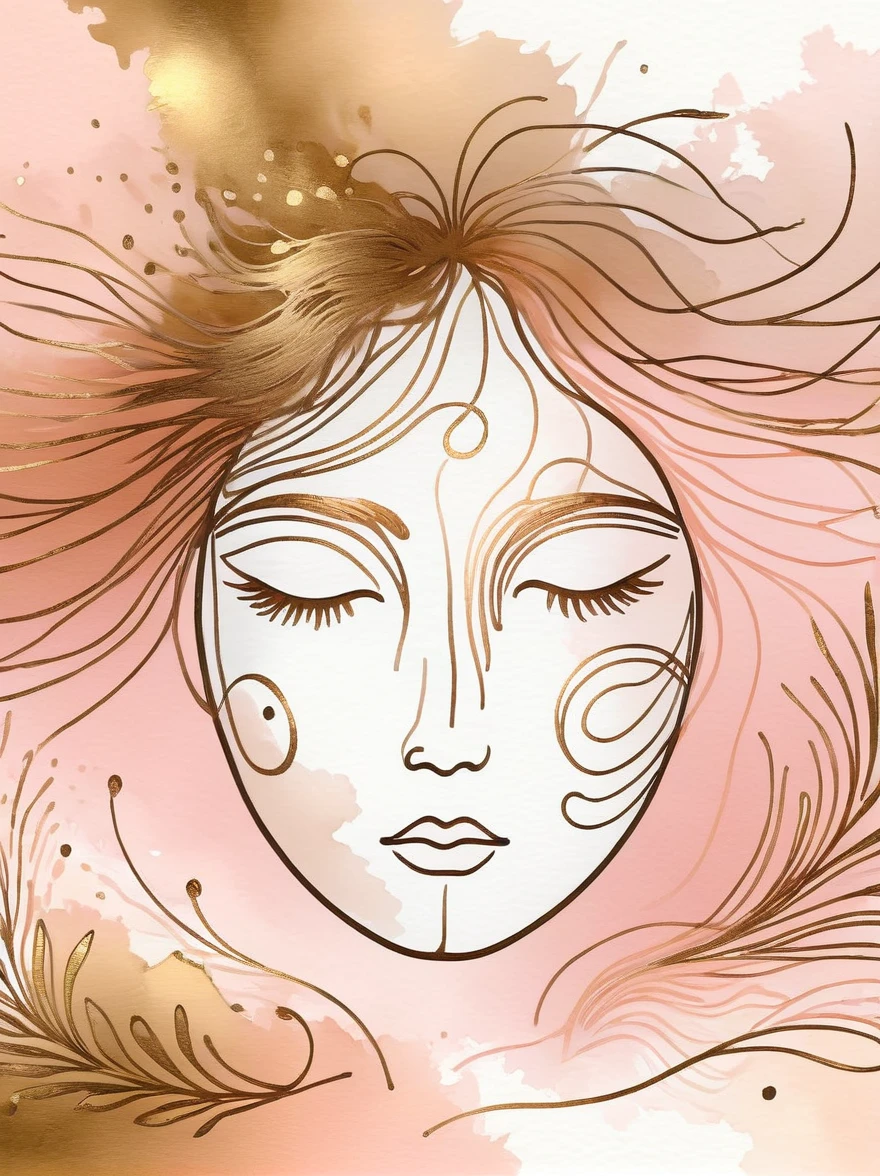 A line art illustration of a person's face in bronze and gold colors. Surrounding the face are a couple of hand-drawn lines, wisps and tendrils in a bronze color. The watercolor background should have soft pink, peach and cream colors.
