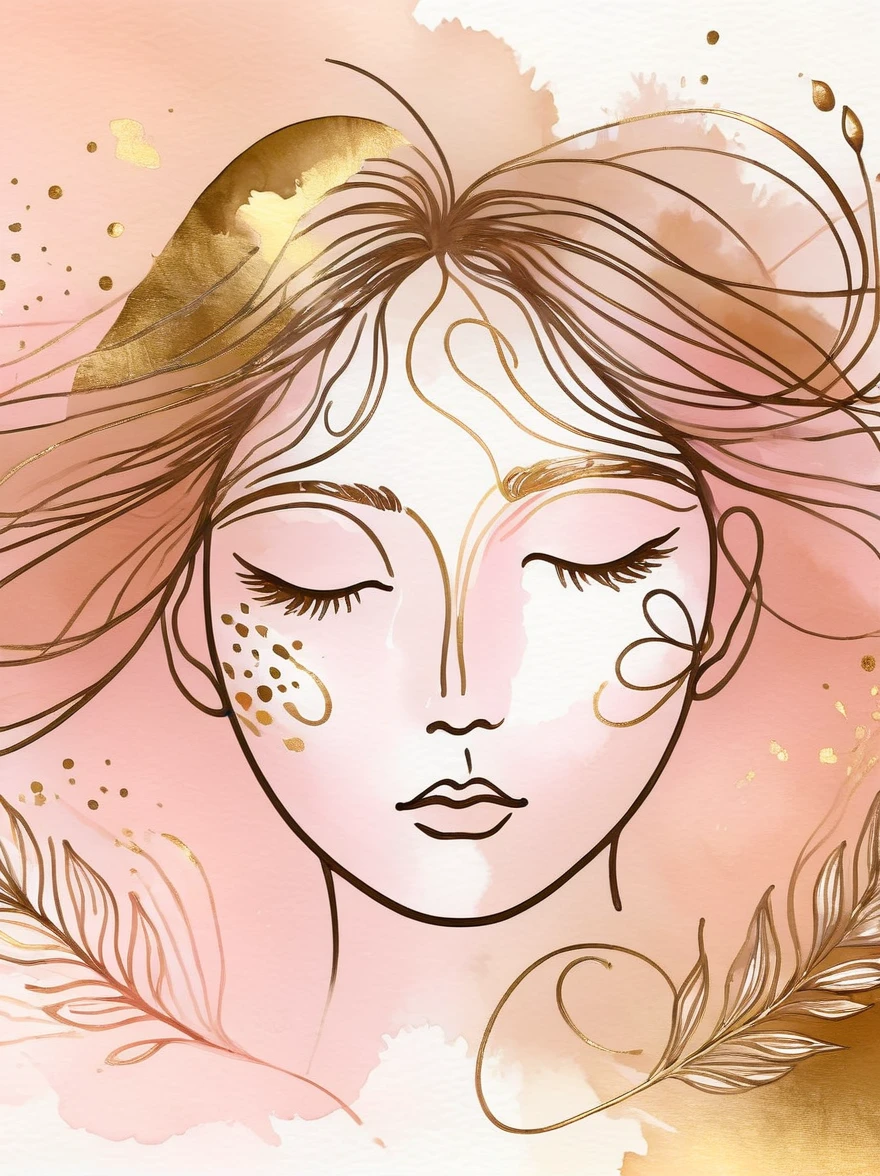 A line art illustration of a person's face in bronze and gold colors. Surrounding the face are a couple of hand-drawn lines, wisps and tendrils in a bronze color. The watercolor background should have soft pink, peach and cream colors.