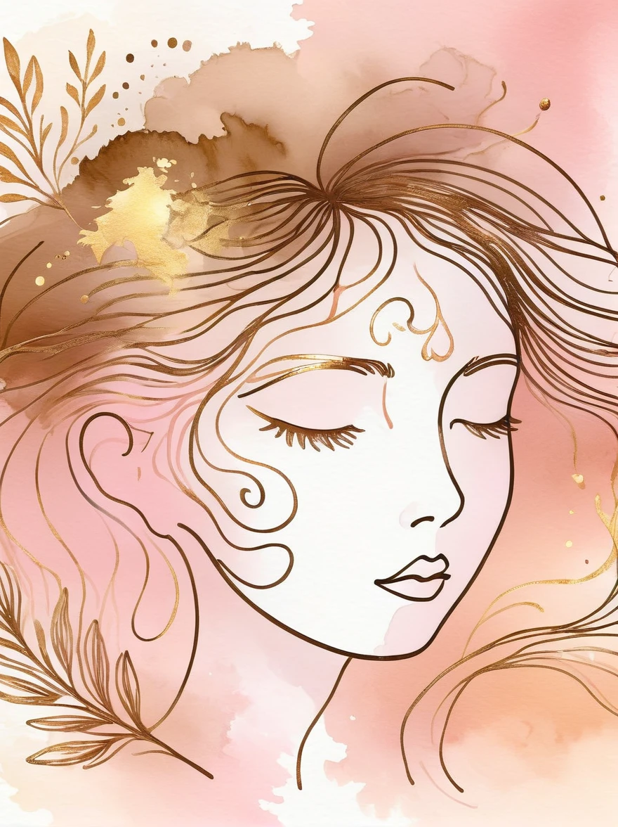 A line art illustration of a person's face in bronze and gold colors. Surrounding the face are a couple of hand-drawn lines, wisps and tendrils in a bronze color. The watercolor background should have soft pink, peach and cream colors.