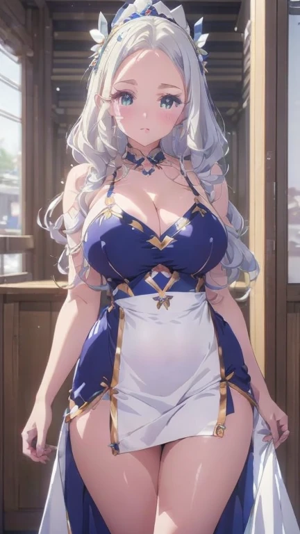 Anime characters (big) White apron, Azure Line Style, Fleet Series Style, Pixiv 3DCG, ahegao, Kshat Garland, Anime Moe Art Style, From the Azure Root video game, Biomechanics , Highest ranking on Pixiv, Highest quality, 8k hd, Thigh Gap、(((Wearing clothes))).(((Cute clothes)))、Low exposure