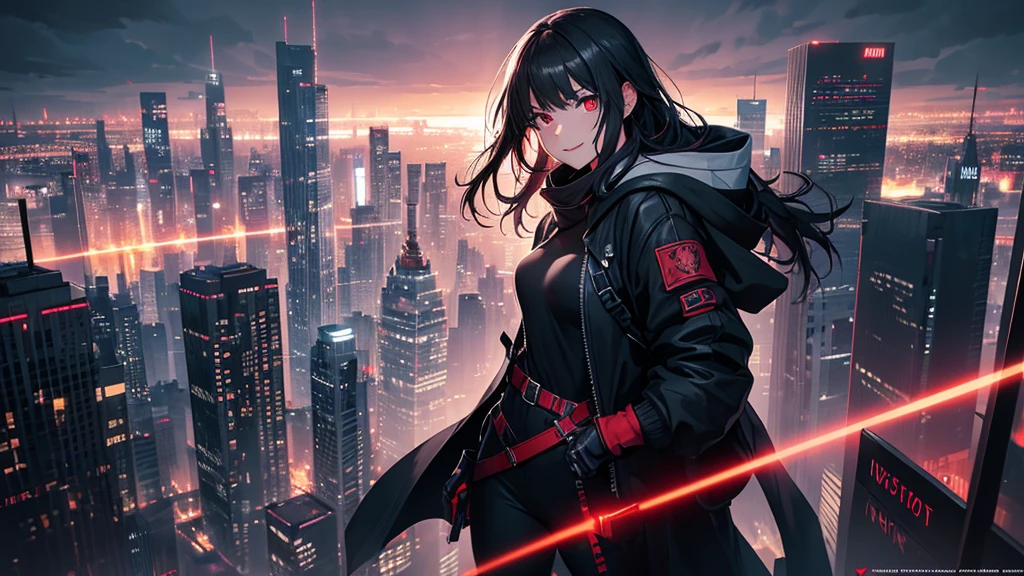 最high resolution,high resolution,Legendary Assassin, Beautiful Teenage Woman,Small breasts,black hooded coat , Grey Shirt,Black pants,Fearless smile, Red lips, Black Hair, Red eyes, realism, Night city view from the top of a skyscraper,Neon Town,Digital Painting, Concept Art, Smooth, Sharp focus, Three-part method, Style Psycho,Detailed Eyes,assassin&#39;s creed