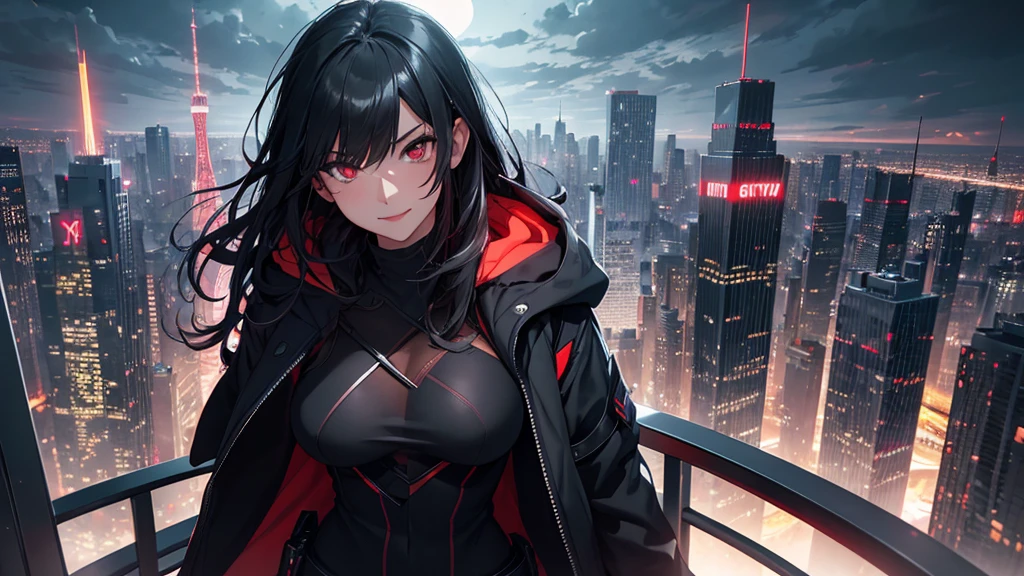 最high resolution,high resolution,Legendary Assassin, Beautiful Teenage Woman,Small breasts,black hooded coat , Grey Shirt,Black pants,Fearless smile, Red lips, Black Hair, Red eyes, realism, Night city view from the top of a skyscraper,Neon Town,Digital Painting, Concept Art, Smooth, Sharp focus, Three-part method, Style Psycho,Detailed Eyes,assassin&#39;s creed