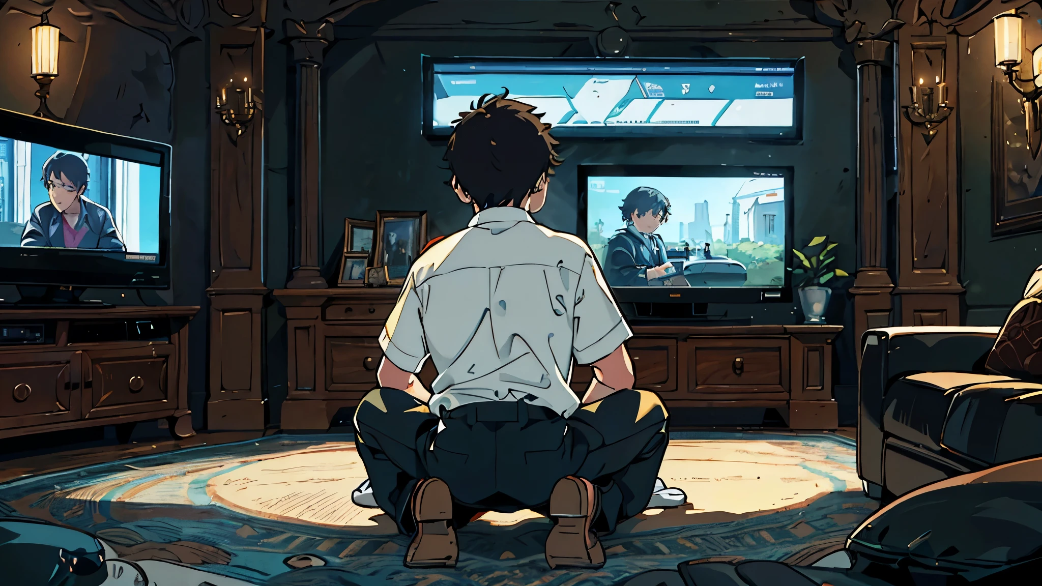 Draw an image showing a young boy, aged between 5 and 8 years, watching TV from behind. The composition should be a backshot, showing the boy from the back, seated while watching a TV that faces the viewer. The scene should be set in a living room. The lighting should be dark, with the TV being the main focus, emitting light