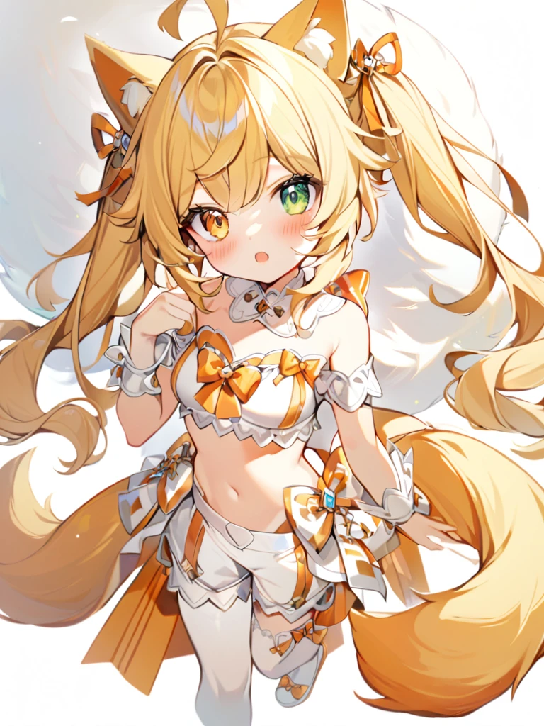 1girl, animal ears, bangs, bare shoulders, blonde hair, blush, bow, breasts, white cleavage, cropped torso, , green eyes, hair ribbon, heterochromia,  stlooking at viewer, open mouth, orange bow, orange eyes, orange ribbon, ears like an unearthly animal, fluffy tail, light tail, real tail, ribbon, solo, stuffed animal, stuffed bunny, stuffed toy, twintails, upper body, full-length, white legbands, white shoes with lace and white bows, white background, wrist cuffs, yellow eyes, bloomers, close-up, fair skin frills, lace, midriff, skirt, solo, , white background,shorts, white top with ribbon and lace and trousers,trousers, genshin,white slippers with a bow,All clothes are white, laceAt full height, it stands, в полный рост