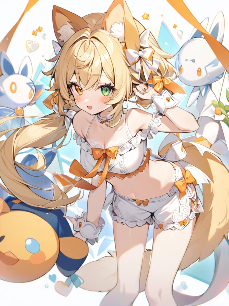 1girl, animal ears, bangs, bare shoulders, blonde hair, blush, bow, breasts, white cleavage, cropped torso, , green eyes, hair ribbon, heterochromia, stlooking at viewer, open mouth, orange bow, orange eyes, orange ribbon, ears like an unearthly animal, fluffy tail, light tail, real tail, ribbon, solo, stuffed animal, stuffed bunny, stuffed toy, twintails, upper body, full-length, white legbands, white shoes with lace and white bows, white background, wrist cuffs, yellow eyes, bloomers, close-up, fair skin frills, lace, midriff, skirt, solo, , white background,shorts, white top with ribbon and lace and trousers,trousers, genshin,white slippers with a bow,All clothes are white, laceAt full height, it stands, в полный рост