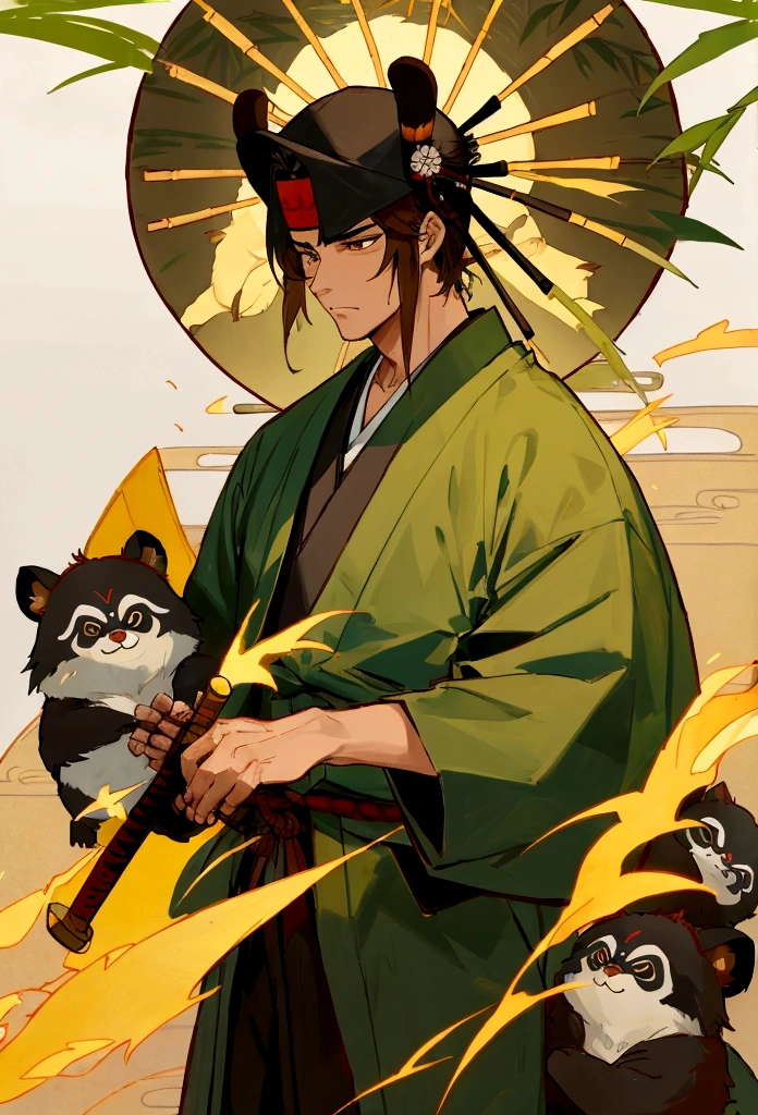 A man, a samurai, wears a Vietnamese bamboo hat. Has leaves on his hat. His hair is brown. He is half Tanuki. He has a samurai sword.