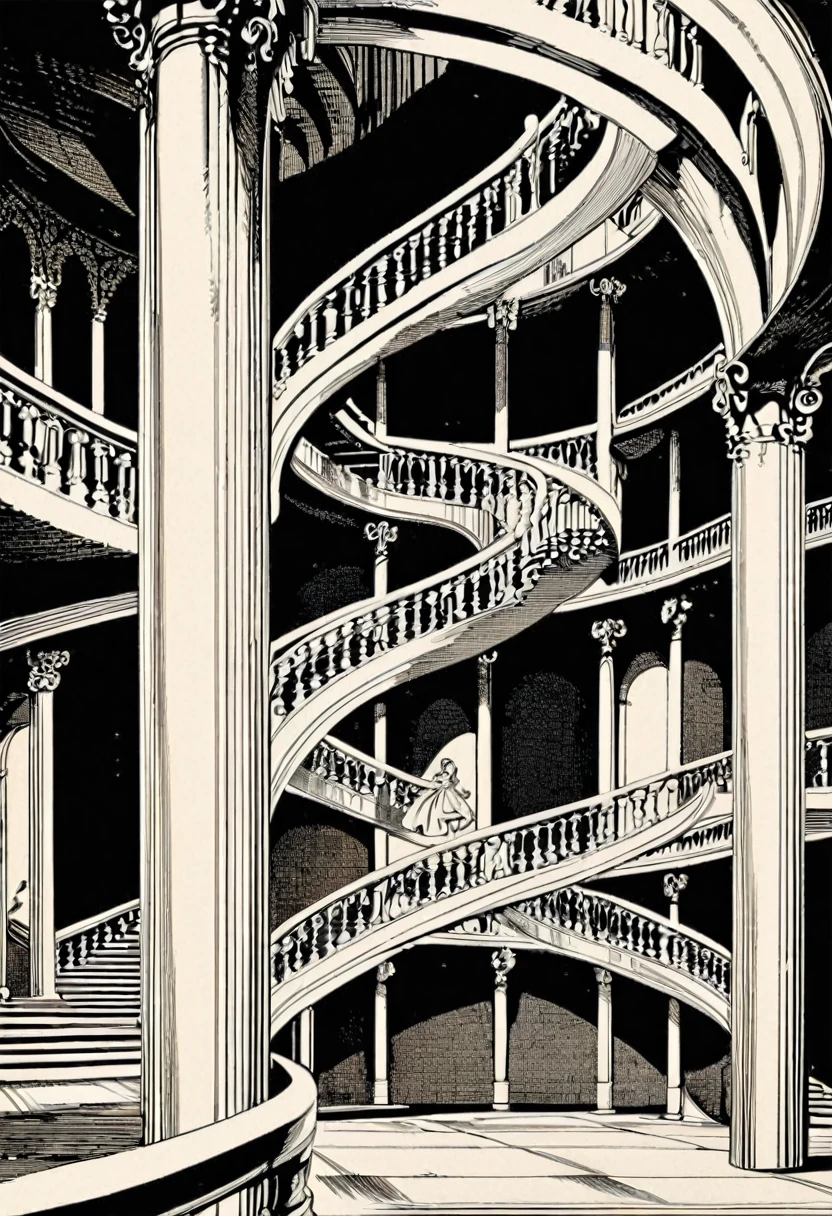 Hovering Staircases,vntg artstyle,black and white,infinite Staircases,vintage