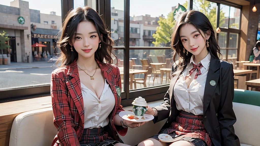 8K、RAW Photos、Highest quality、Super detailed、Super Resolution、Ultra HD、8K壁紙、Amazing details blazer uniform girl ((White blouse with formal collar, A nice red blazer, Black plaid skirt, Red checkered ribbon on blouse)), Complete limbs, Full Finger,
((((Inside the Starbucks store))))、16 year old female student、(((Eat cake、Drink coffee、smile)))、Heart Necklace、Gold bracelet
((Emphasize cleavage))
((((Woman sitting at the window seat))))