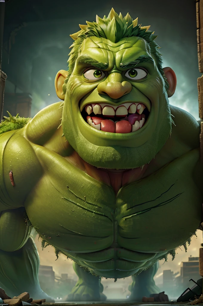 a massive hulking green muscular humanoid, extremely detailed facial features, intense angry expression, veins popping, ripped shredded muscular body, tattered pants, detailed skin texture, dynamic dramatic lighting, cinematic angle, photorealistic, highly detailed, 8k, best quality, hyper detailed