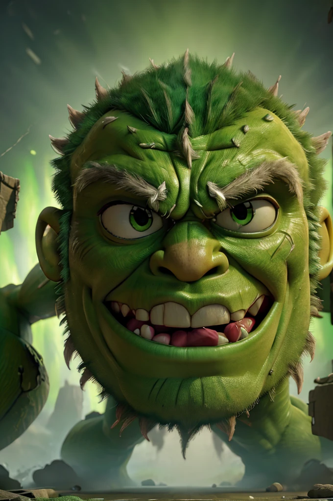 a massive hulking green muscular humanoid, extremely detailed facial features, intense angry expression, veins popping, ripped shredded muscular body, tattered pants, detailed skin texture, dynamic dramatic lighting, cinematic angle, photorealistic, highly detailed, 8k, best quality, hyper detailed