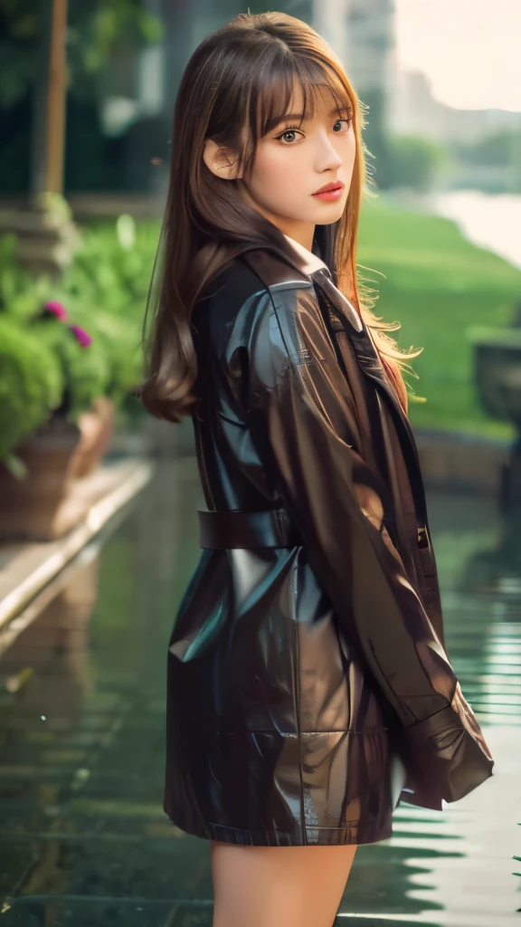 Best quality, 8k, ,Masterpiece :1.3)), facing viewer,((full body1.2)) ,pretty woman, wide shot ,1girl, , suit,Wet clothhes, rain, , brown hair , bangs,ultra-detailed face, highly detailed lips, detailed eyes, double eyelid