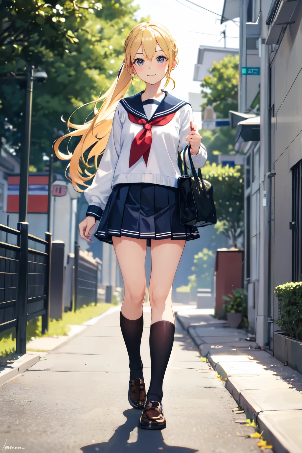 ((best quality)), ((masterpiece)), (detailed), 1girl, ((best quality)), ((masterpiece)), (detailed), A cheerful anime girl with long, flowing blonde hair styled in a ponytail is walking home from school. She wears a sailor uniform.
