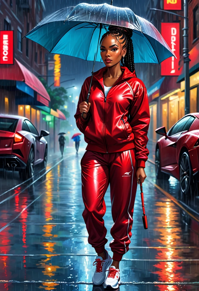 Prompt: a title displaying "DiGi ARTS". a realistic oil painting of an African American woman with braided hair; wearing a jogging suit. holding a umbrella; in the rain. a red Lamborghini. city night background