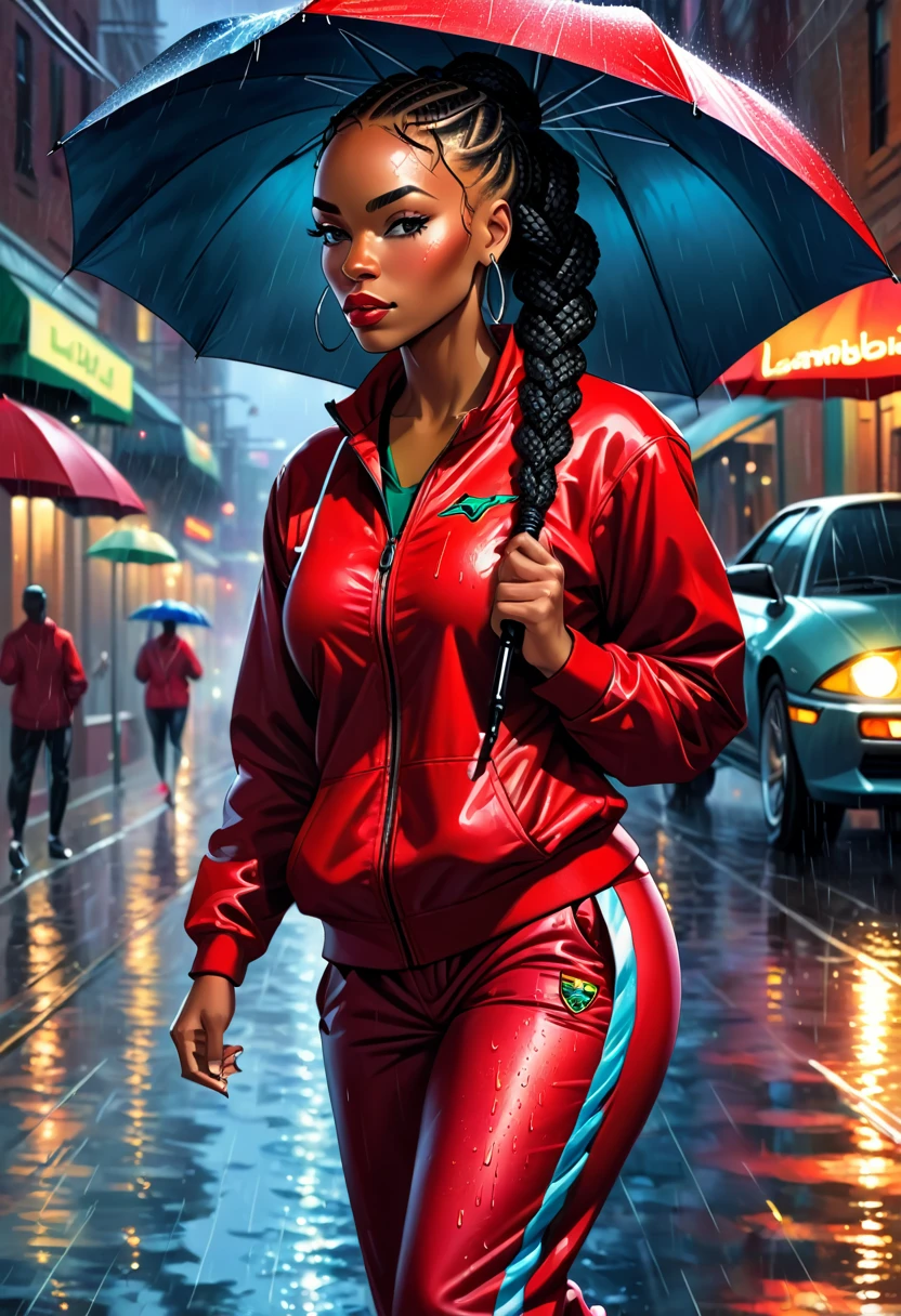 Prompt: a title displaying "DiGi ARTS". a realistic oil painting of an African American woman with braided hair; wearing a jogging suit. holding a umbrella; in the rain. a red Lamborghini. city night background