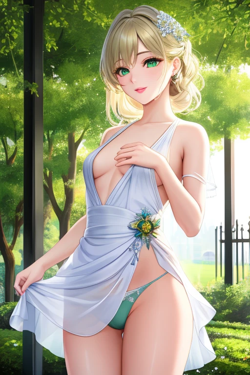 ((masterpiece)), round_iris, Crispy_Crystalline_green_eye, perfection anatomy, very_delicate_body, perfection face, very_detailed, Realistic_delicate_hand, Mature Woman, Fantastic gardens, feminine_Performance, kind_Caress_Performance, To meditation, Fascinating, sense of awe, silk_blonde_hair, length_hair, eyelash, mascara, Sparkling_green_eye, Part your lips, A sincere smile, white_skin, Smooth_skin, soft_skin, perfection_skin, small_chest, perfection_chest, delicate_Clothes, Cosplay, sky使のようなガウン, delicate panties, Thighs, small waist, Wide Hips, [[sacred, sky上の香り, forever, Shining Aura, God&#39;s Rays, sky, sense of awe, purity, Sharpen your mind, Heart Particles, cloud]], [[[a sky woman sits in an Fantastic gardens, surrounded by cosmic blossoms emitting a sky上の香り, colorful cosmic petals dance in the kind cosmic breeze, creating a sacred and Fascinating atmosphere, she is in sense of awe of the cosmic beauty around her, To meditation in quiet contemplation, the cosmic colors add to the enchantment of the scene, she is dressed in an sky使のようなガウン and delicate panties, resembling a celestial being in the Fantastic gardens]]], scene, 