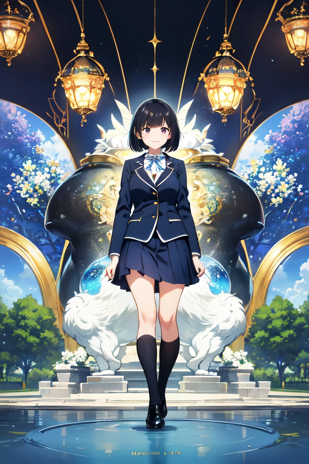 masterpiece, 32k, extremely detailed, finely detail, intricate details,
BREAK
(absurdres:1.1, highres:1.1, ultra detailed:1.1),
insanely detailed, absurdres,
(high resolution:1.1, ray tracing:1.1, refraction:1.1)
(1girl, 独奏:1.3),
BREAK
perfect symmetrical face, smile, high school student, High School Uniform, Navy blue blazer, White ribbon, Black Hair, Bob Hair,
BREAK
(((full body))), pose
BREAK