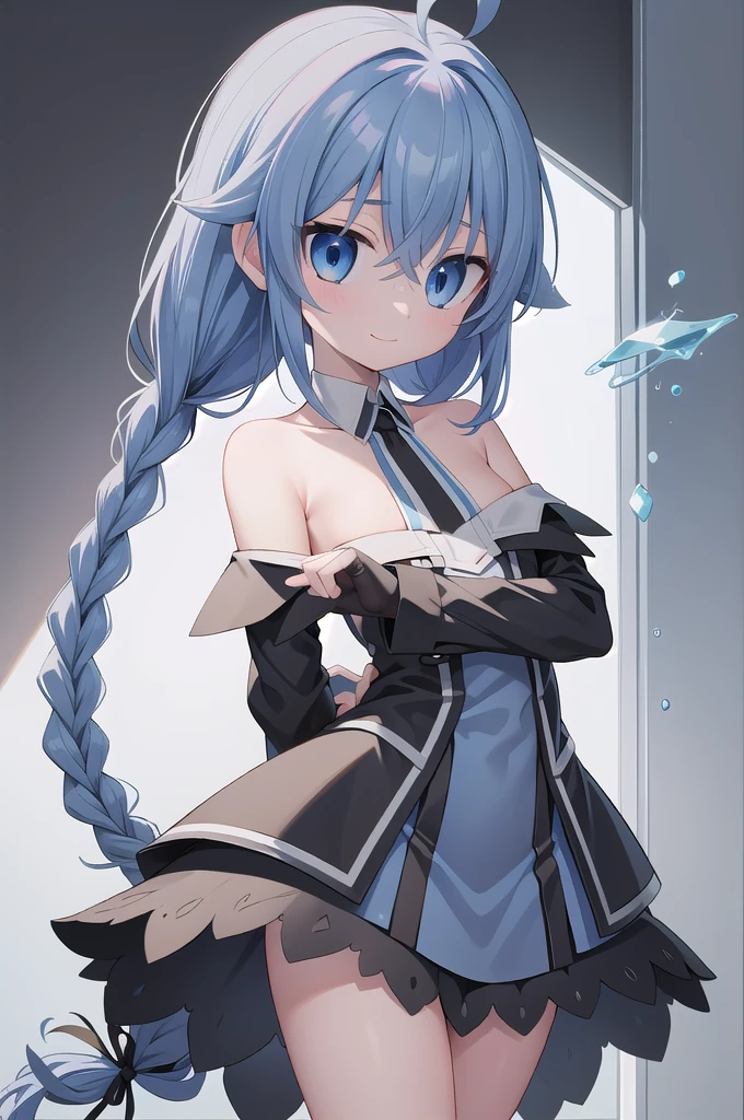 1girl,solo,full body,standing,(blue hair:1.2),long hair,twin braids,ahoge,(blue eyes:1.2),(beautiful fingers:1.2),(perfect anatomy:1.4),(arms_behind_back:1.4),(cold_shoulder:1.2),masterpiece,best quality,(Ultra high definition eyes:1.2),8k,(Beautiful detailed eyes:1.2),(Fine and beautiful eyes:1.2),(pretty eyes:1.2),finely detail,extremely CG, absurdres,high resolution,illustration,Detailed and beautiful outlines,finely detail,high resolution,(colorful refraction:1.4,Increase saturation:1.2),beautiful lighting,dynamic lighting,closed room,black background,simple background, smile,looking at viewer,roxy, ahoge, black ribbon, blue eyes, blue hair, braid, hair between eyes, hair ribbon, long hair, twin braids, very long hair,