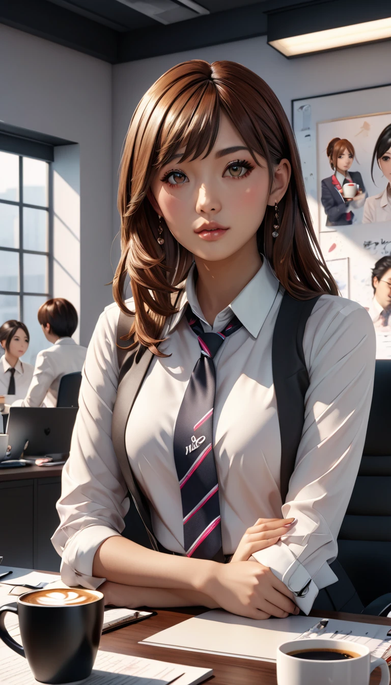 Top-tier, photorealistic 8K portrait of a J-POP styled office, with gorgeous women displaying coffee stains on their lips after a break, extremely detailed, cinematic composition, trending on ArtStation