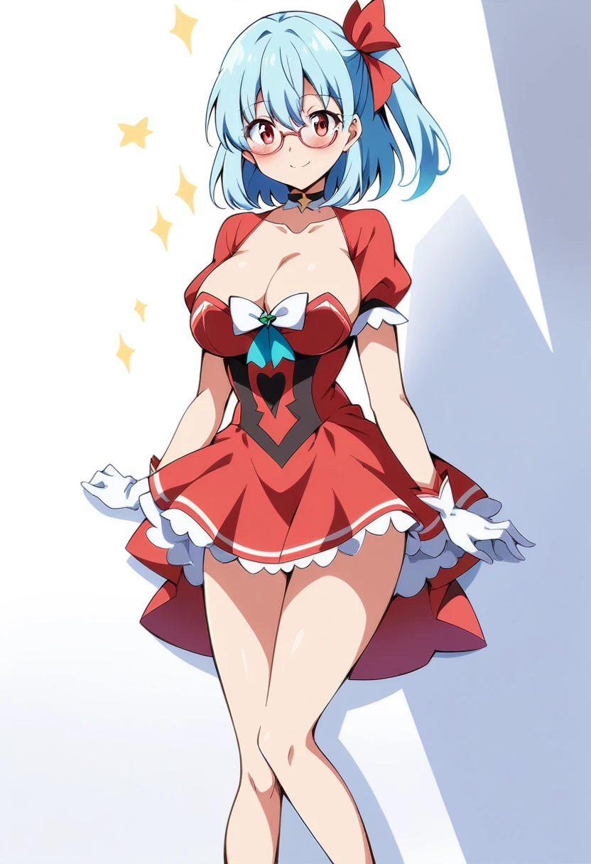 (anime art style), (cartoon), masterpiece, best quality, very aesthetic, absurdres, 1girl, solo, red eyes, light blue hair, medium hair, one side up, bangs, hair between eyes, hair ribbons, red dress, magical girl dress, short sleeves, strapless, choker, white gloves, glasses, white high heels, star symbol on dress, thighs, big breasts, blush, smile, sexy, collarbone, cleavage, ((feet out frame)), (from front), (((white background))), (white wall), (standing) (looking at viewer:1.0)