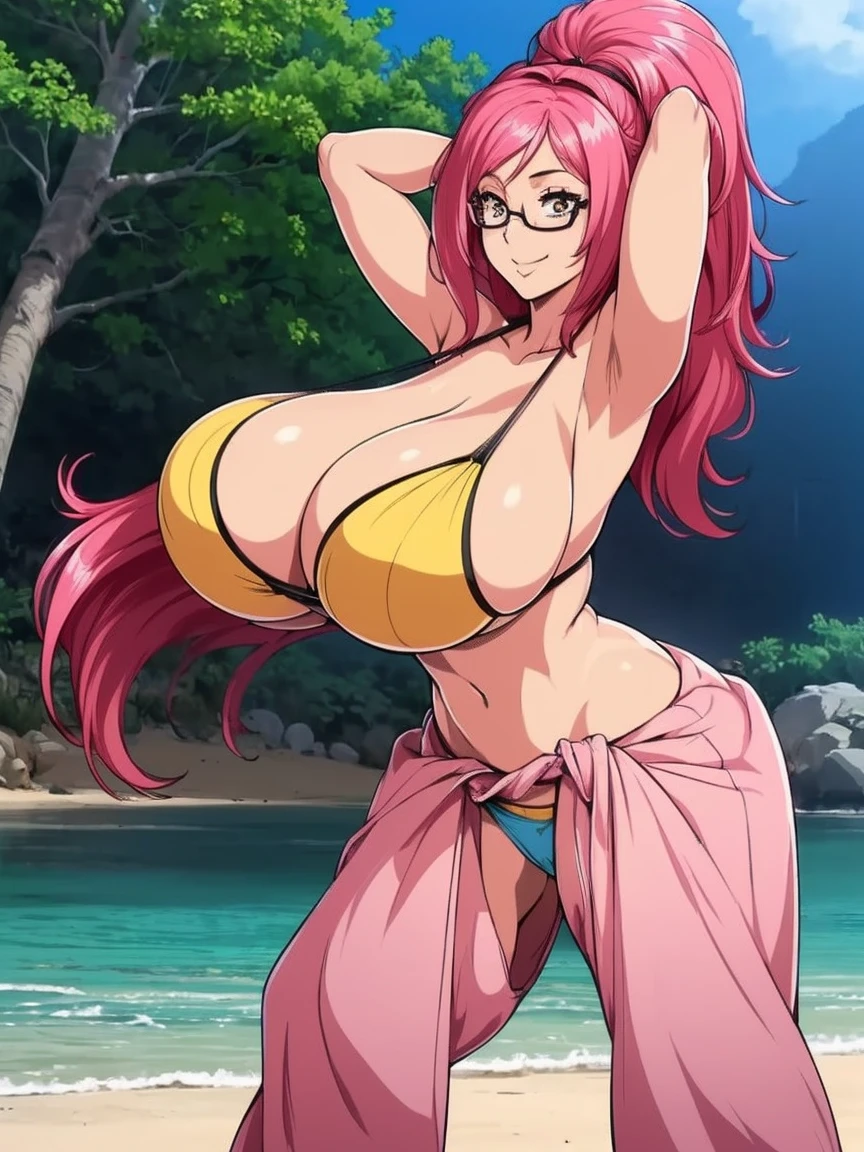 anime,anime style,high resolution、high quality、masterpiece、4k,8k,(bikini,gigantic breasts,arms up),((pony tail,pink hair,long hair,Phyllis Jarave,hair band,eye glass,wide hip),smile),(beach,sea,water)),full body