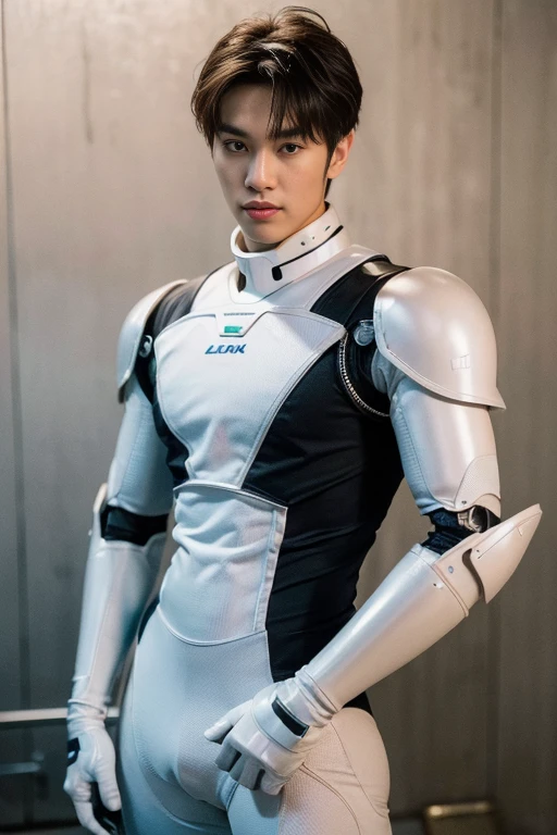 (masutepiece,High resolution,ultra - detailed:1.0),1(man,Robot man),Perfect male body,Look at the camera,Delicate eyes and delicate face,extremely details CG,Unity 8k wallpaper,intricate-detail,solo person,Detailed face, (Futuristic super tight micro piece white bodysuit), Best Quality, hands visible, (White Gloves), short hair:1.5 , full length shot(fls) , big thighs , insane details, hyper details   ,16k resolution , ultra-high clarity , hyperrealism, uhd,(K-pop idol ),   thick thighs, male , ((exaggerated wide hips , exaggerated wide pelvis )), ((only man ,  only male))   , ((ultra realism , ultra photorealism)) , (sexy , eroticism , nsfw) , mature man , pectoral, full length shot(fls) ,  (heavy armor)
